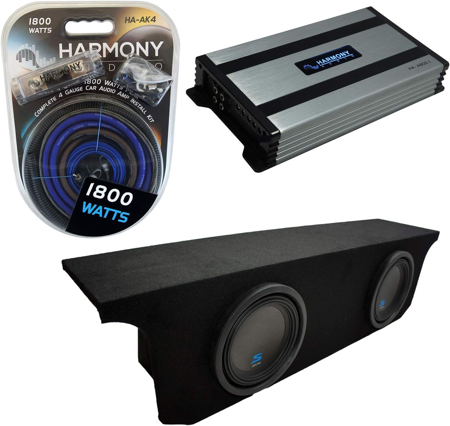 Dual 10" Loaded Sub Box Enclosure with Amplifier and 4 Gauge Amp Install Kit B68091