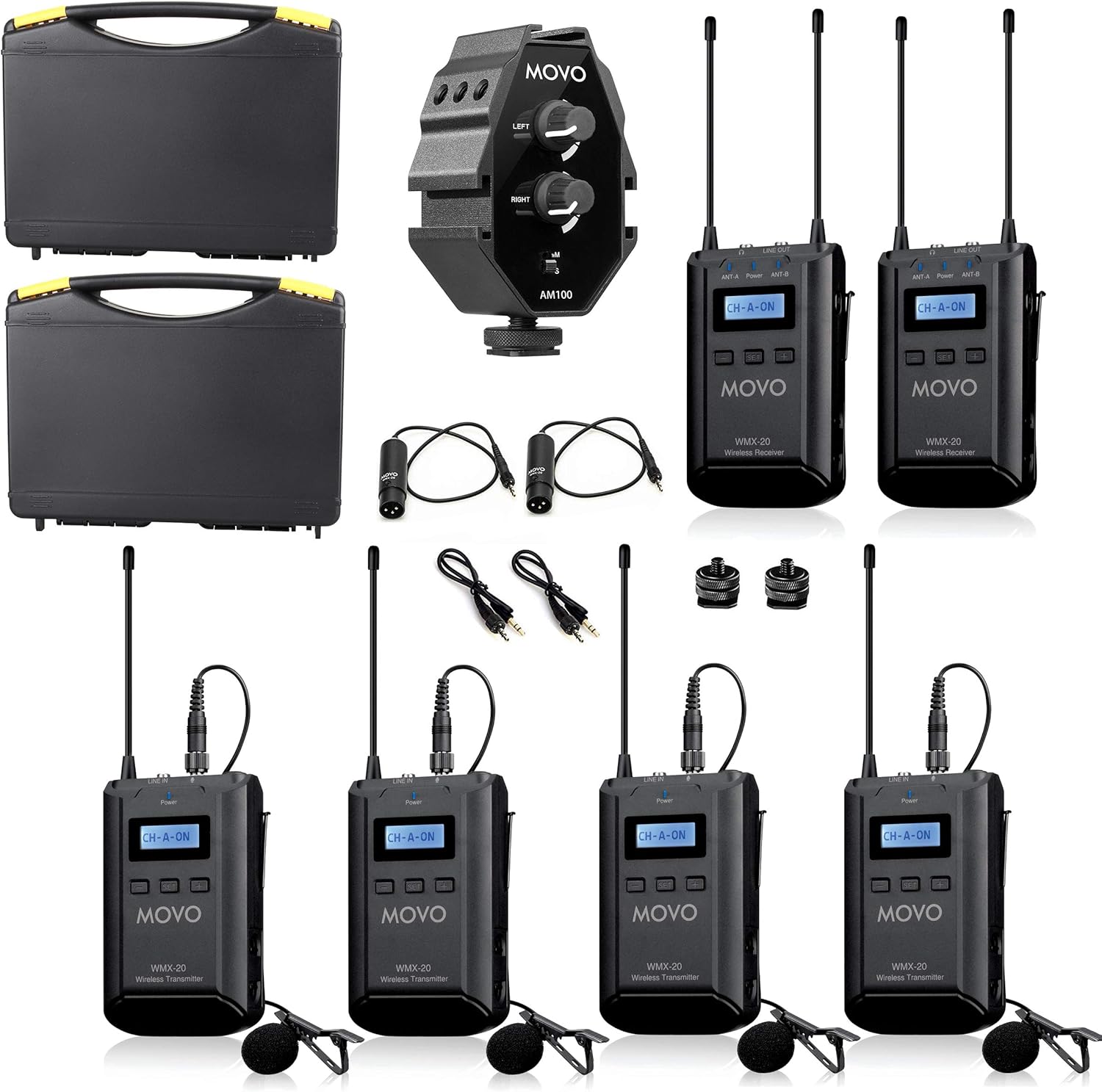 48-Channel UHF Wireless Lavalier Microphone System Bundle with 2-Ch Mixer, 2 Receivers, 4 Transmitters, and 4 Lapel Microphones S2820