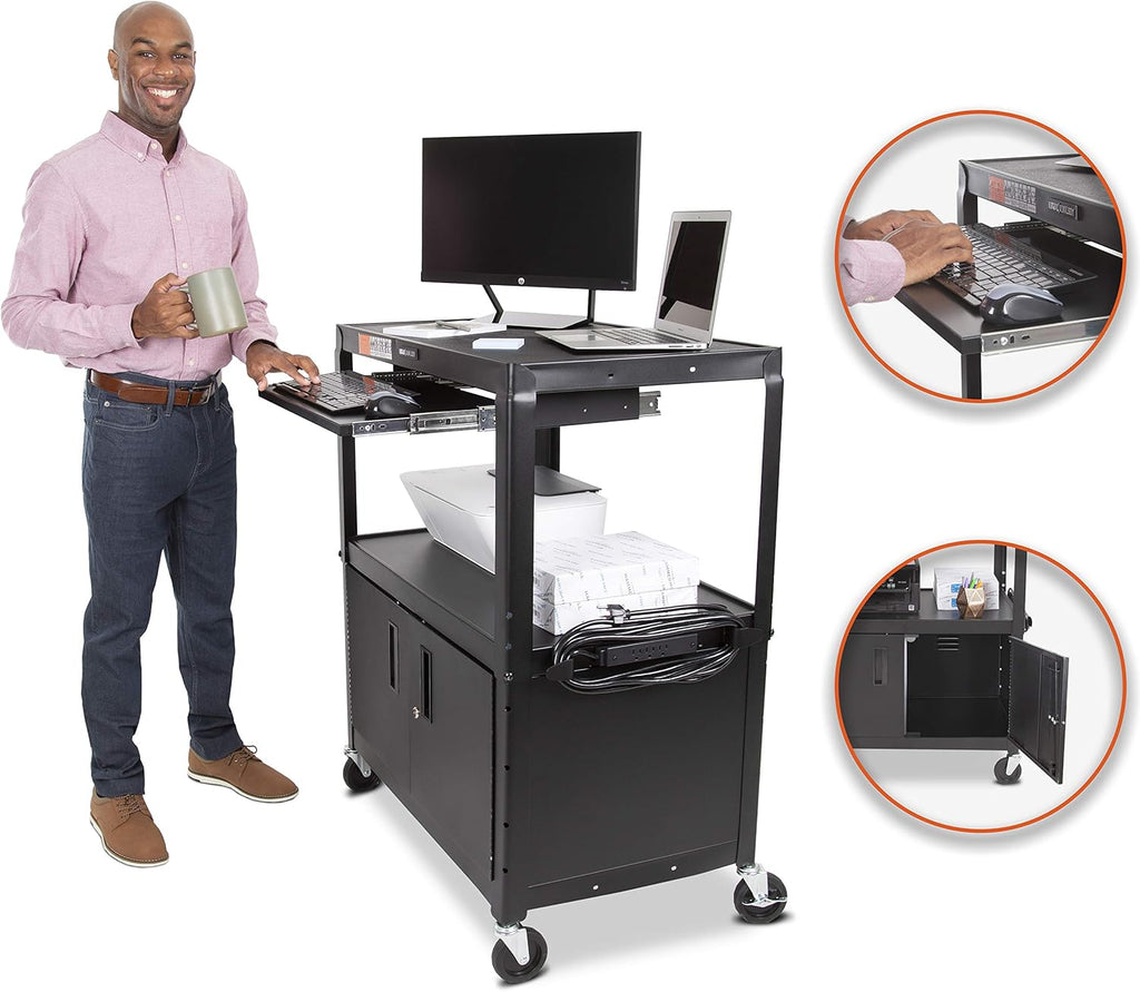 Extra Wide AV Cart with Locking Cabinet and Pullout Keyboard Tray F916
