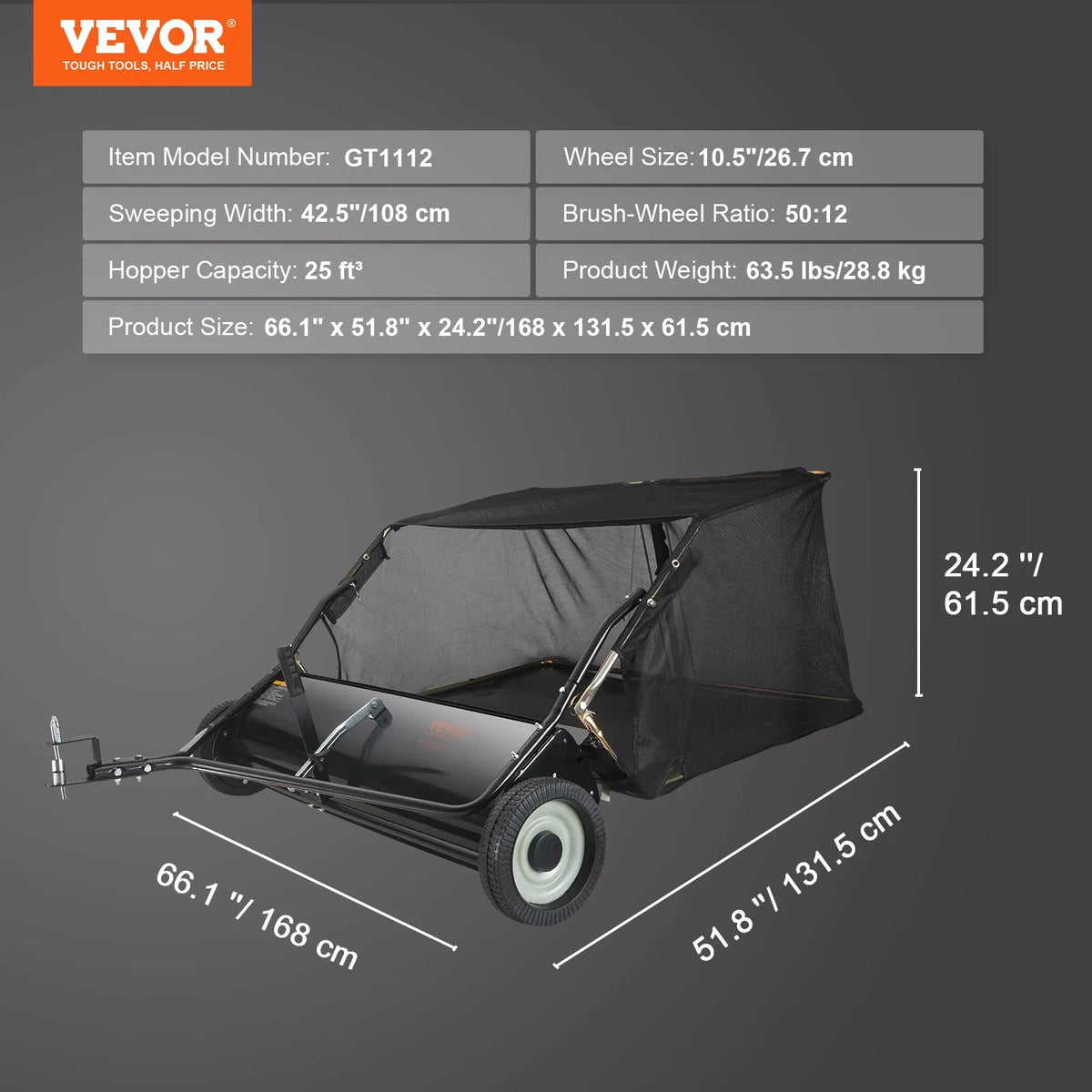 Tow Behind Lawn Sweeper 44 Inch, 25 cu. ft Leaf & Grass Collector P47540