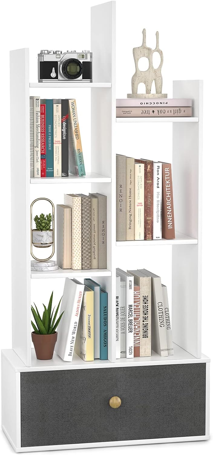 Black Industrial Wood Book Shelf with 2 Drawers and 12 Open Bookshelf C358