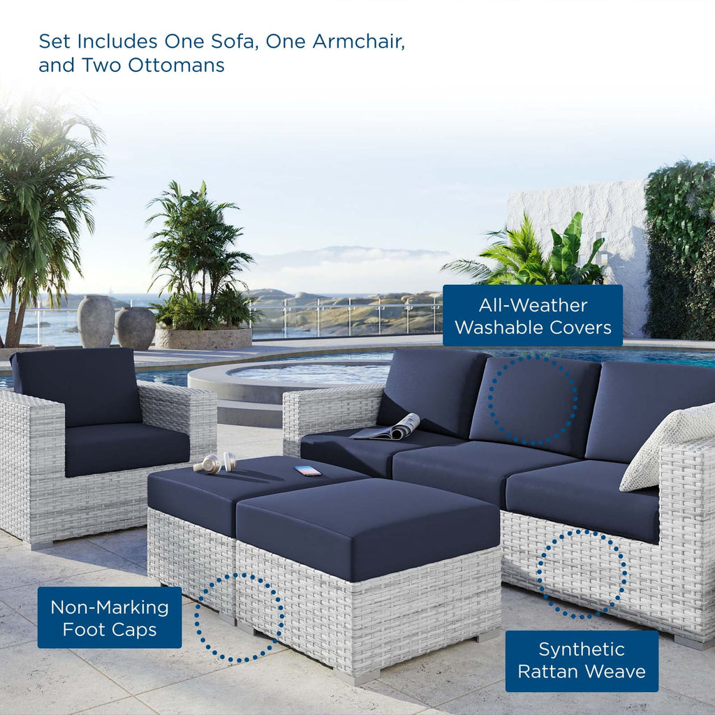 Lounge Sectional Sofa Chair Set, Rattan, Wicker, Light Grey Gray Blue Navy, Outdoor Patio Balcony Cafe Bistro Garden Furniture Hotel Hospitality N6628