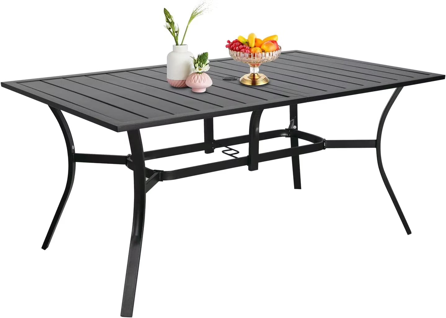 Black Rectangle Metal Patio Dining Table with Umbrella Hole K20801