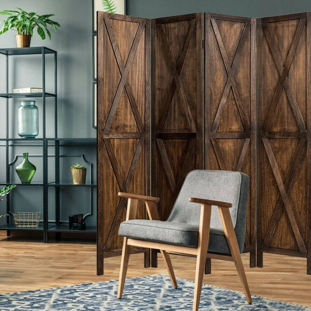 Brown 4 Panels Folding Wooden Room Divider S251