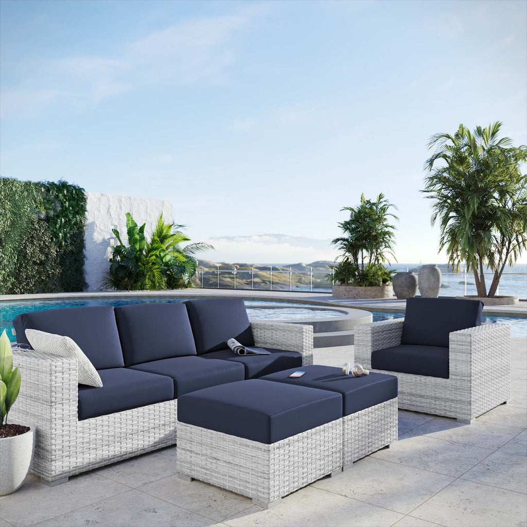 Lounge Sectional Sofa Chair Set, Rattan, Wicker, Light Grey Gray Blue Navy, Outdoor Patio Balcony Cafe Bistro Garden Furniture Hotel Hospitality N6628
