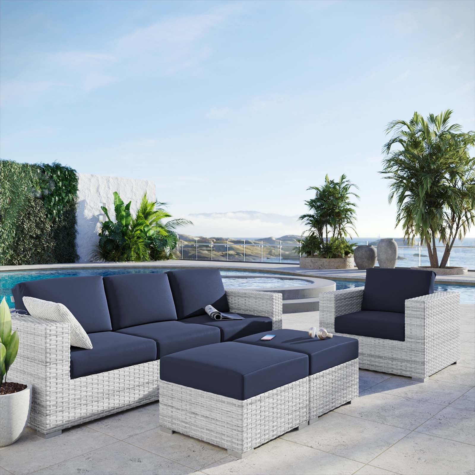 Lounge Sectional Sofa Chair Set, Rattan, Wicker, Light Grey Gray Blue Navy, Outdoor Patio Balcony Cafe Bistro Garden Furniture Hotel Hospitality N6628