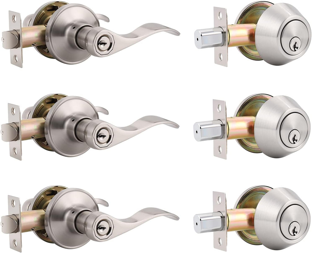 3 Pack Entry Door Levers with Deadbolt Combination Set, Satin Nickel Finish G1862