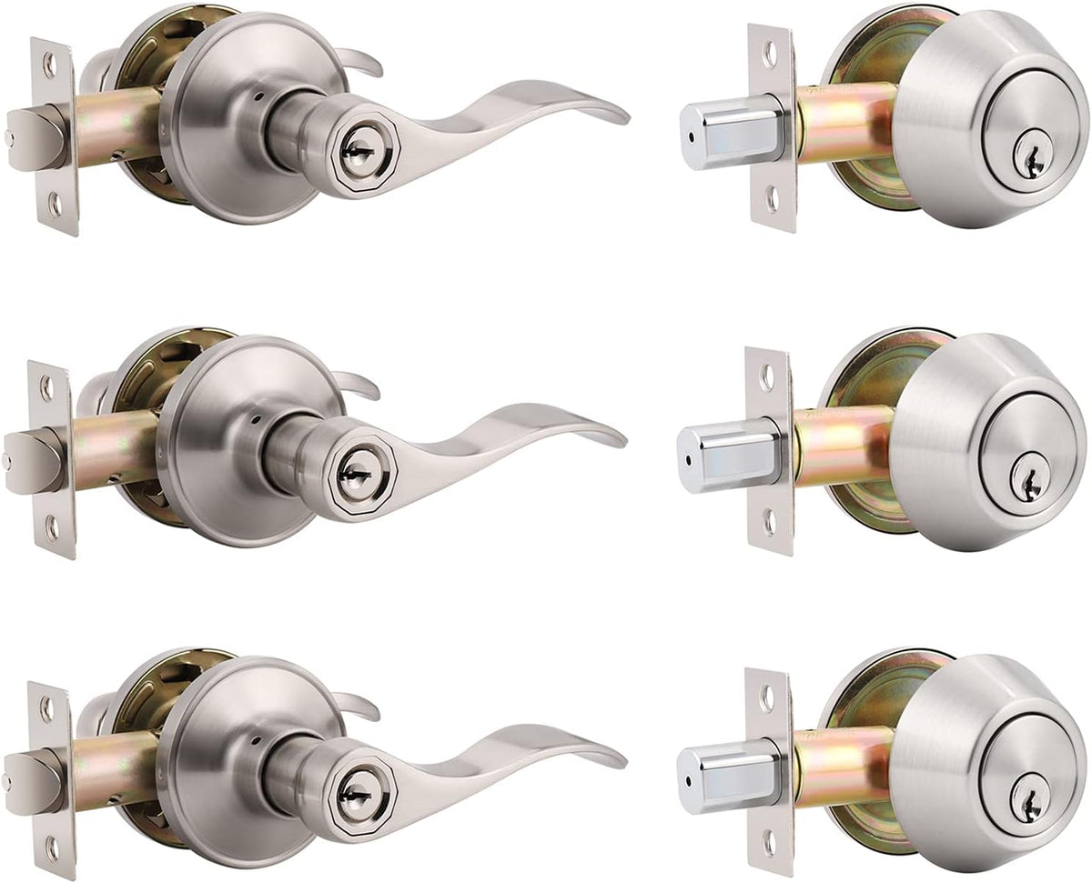3 Pack Entry Door Levers with Deadbolt Combination Set, Satin Nickel Finish G1862
