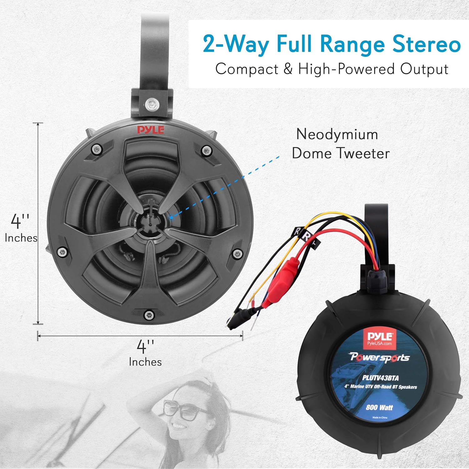4” Waterproof Bluetooth Speakers with Amplified Speaker System for ATV/UTV, Aux Input, Marine Grade Weatherproof, 12V Vehicles N49094