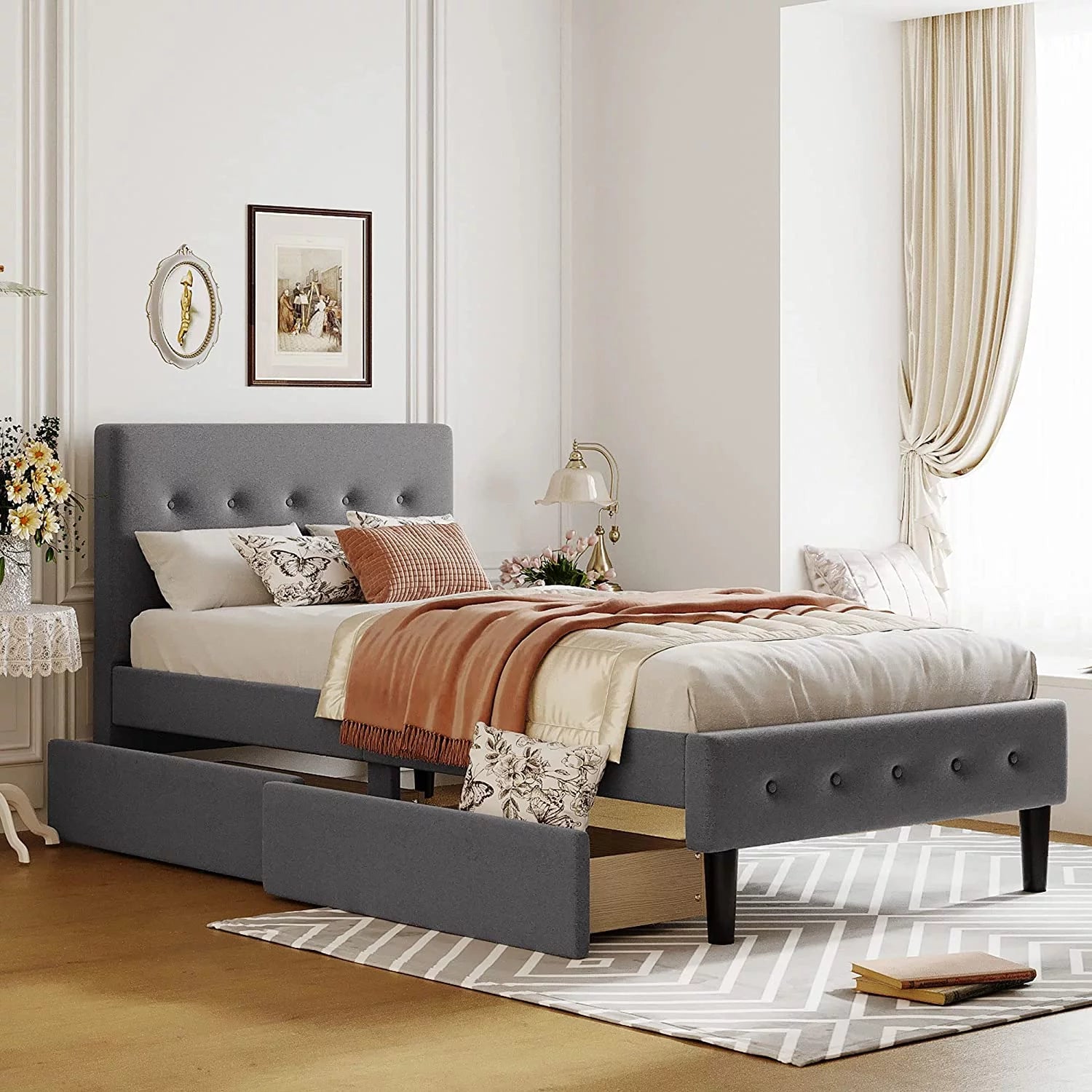 Beige Twin Size Upholstered Bed Frame with Headboard and Storage Underneath U2777