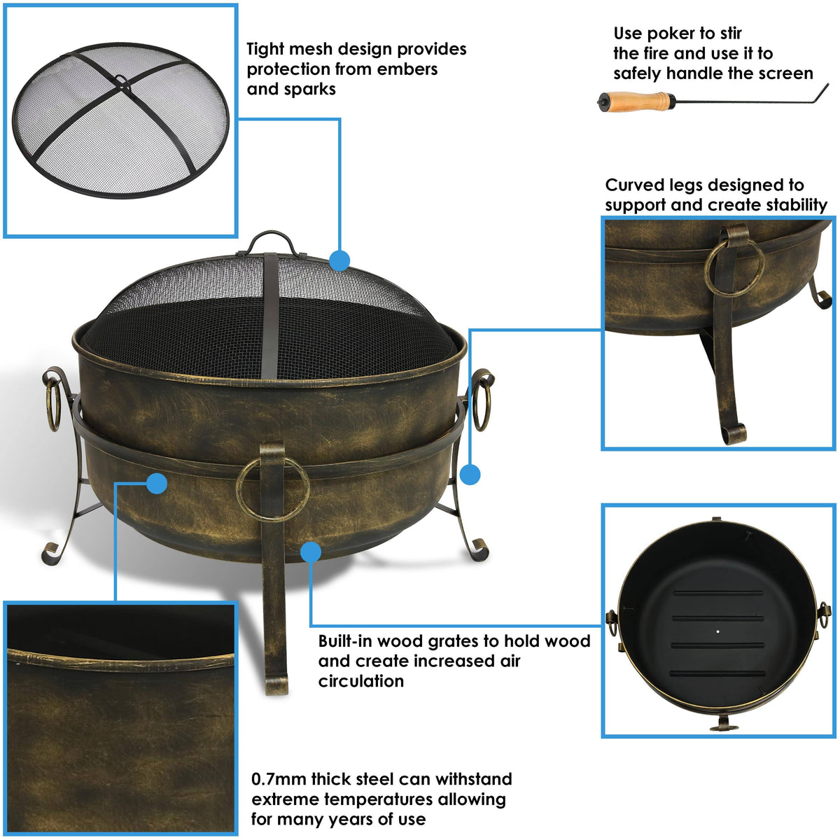 24 inch Steel Cauldron Fire Pit with Spark Screen C794500
