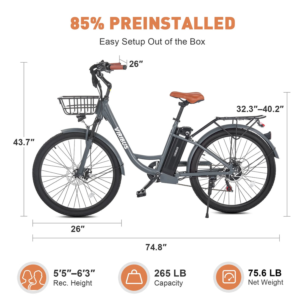 26" Electric Bike 7 Speed 20mph Black T6521
