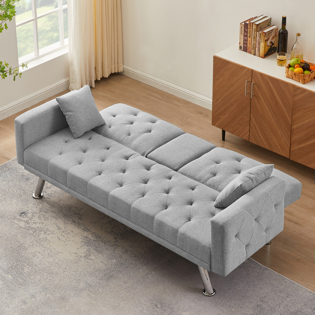 76 Inch Linen Convertible Futon Sofa Bed with Cup Holders Grey N319