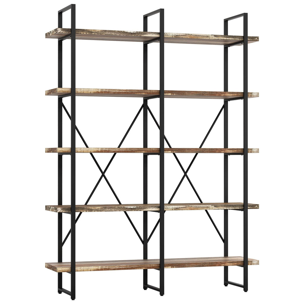Double Wide 5-Tier Open Bookcase Wood and Metal Shelves A64832