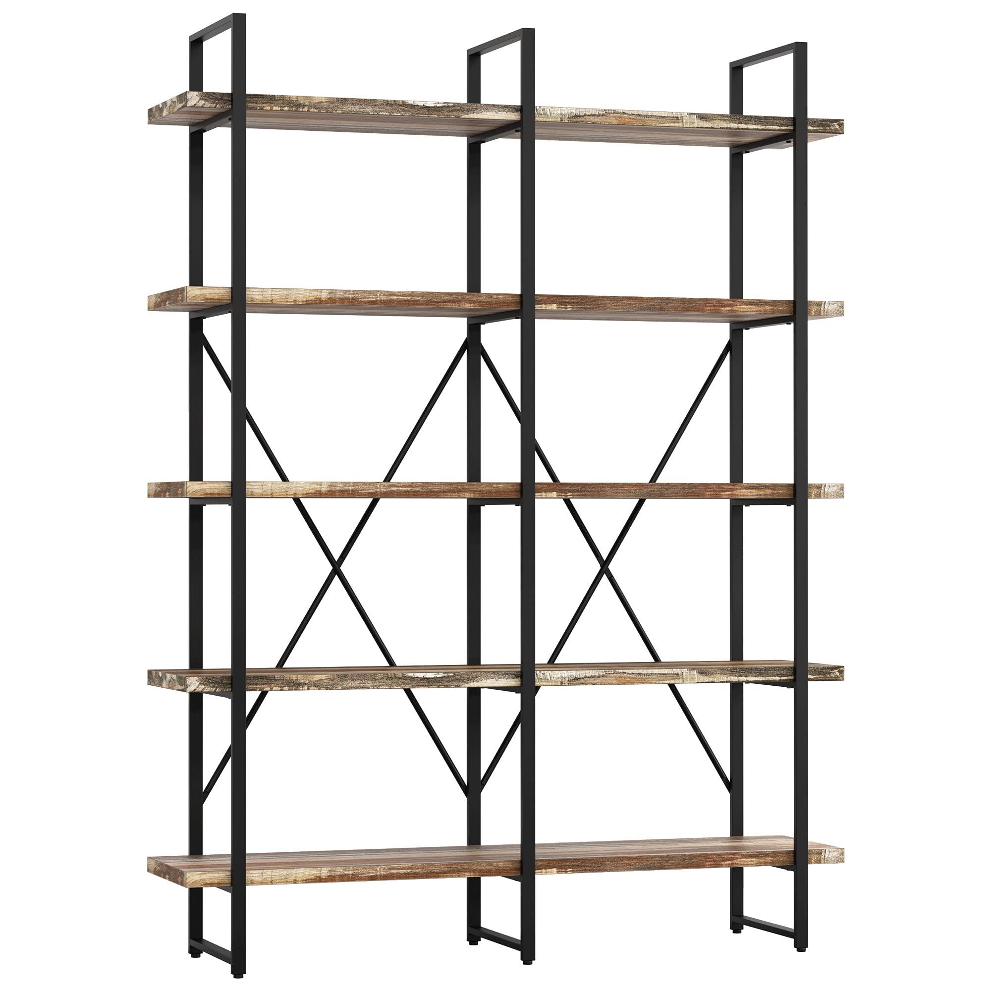 Double Wide 5-Tier Open Bookcase Wood and Metal Shelves A64832