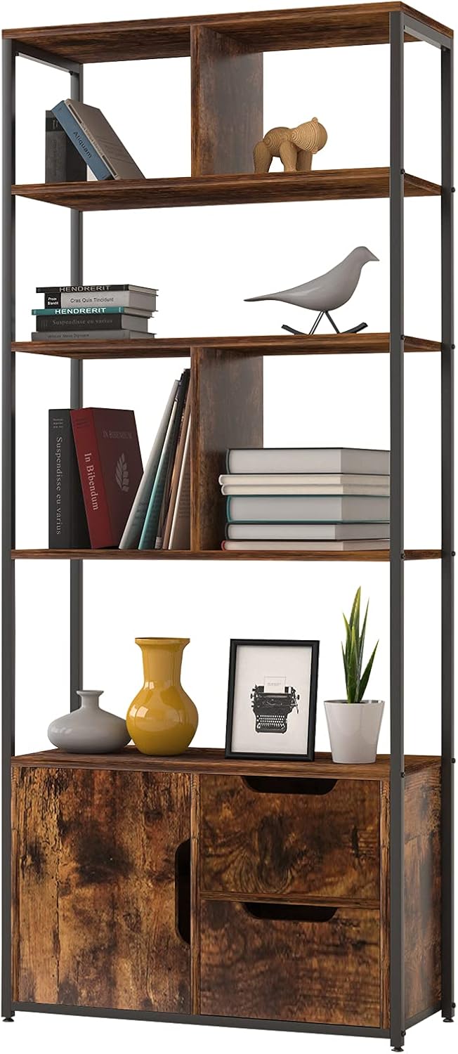 Industrial 4 Tier Bookshelf with 2 Drawers and Cabinet Y65152