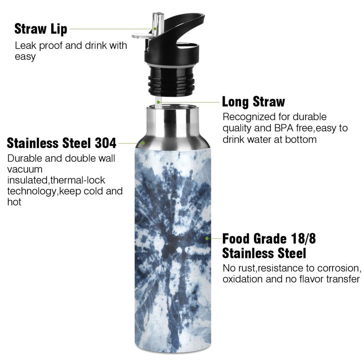 Tie-dye Blue Stainless Steel Insulated Water Bottle with Straw Lid H2723
