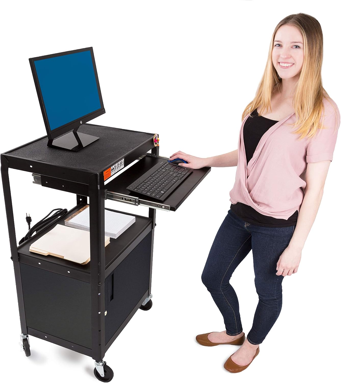 Extra Wide AV Cart with Locking Cabinet and Pullout Keyboard Tray F916