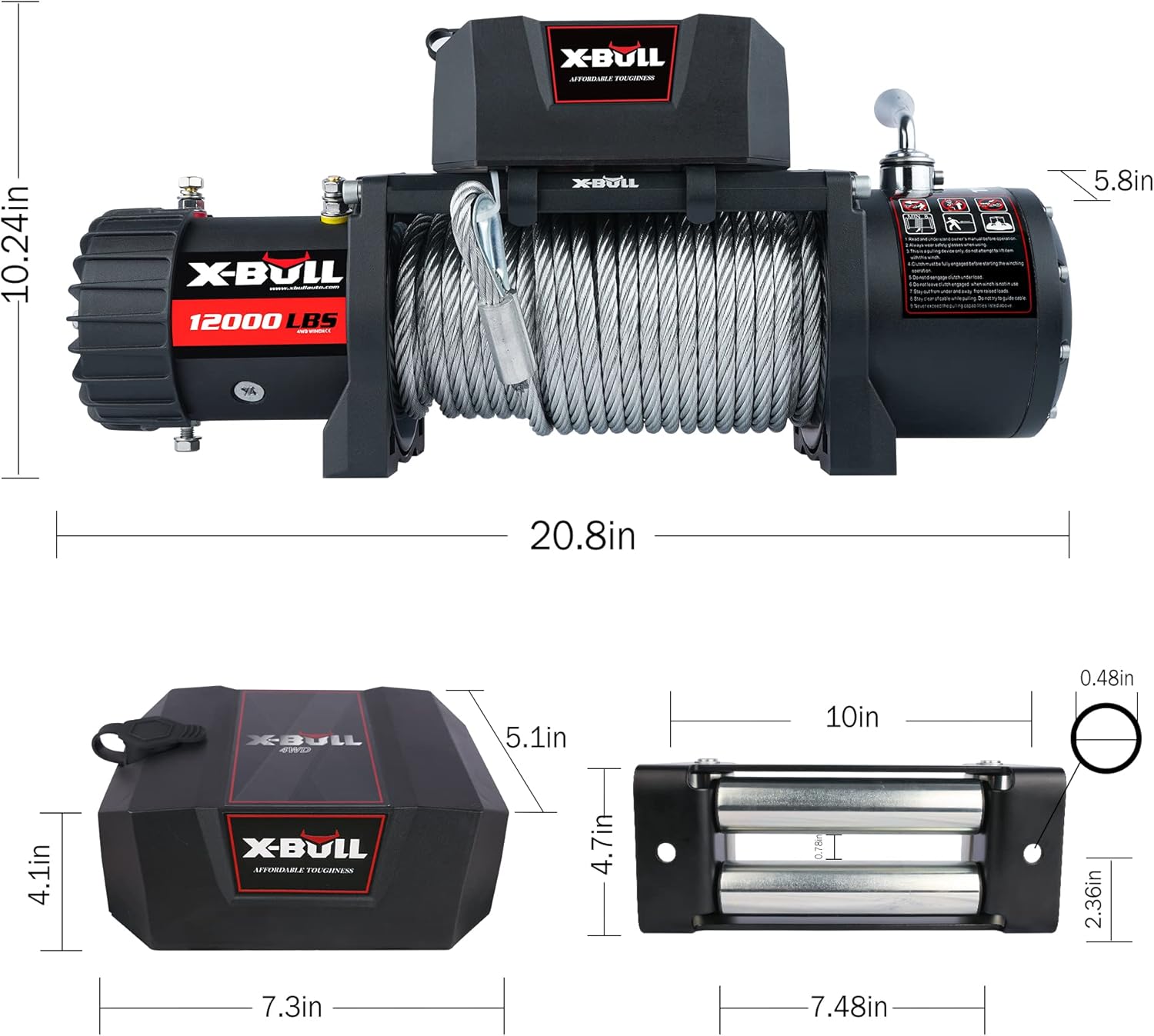 12V Stainless Steel Electric Winch Kit, 12000 lb. Load Capacity, Waterproof IP67, Wireless Handheld Remotes and Corded Control, Hawse Fairlead, Grey Q82935