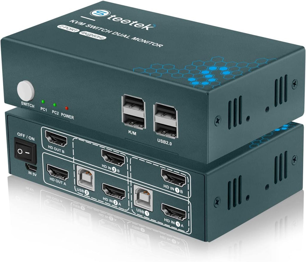 KVM Switch Dual Monitor 2 Port 4K@60Hz, HDMI, 2 in 2 Out, with 4 HDMI and 2 USB Cables H214568