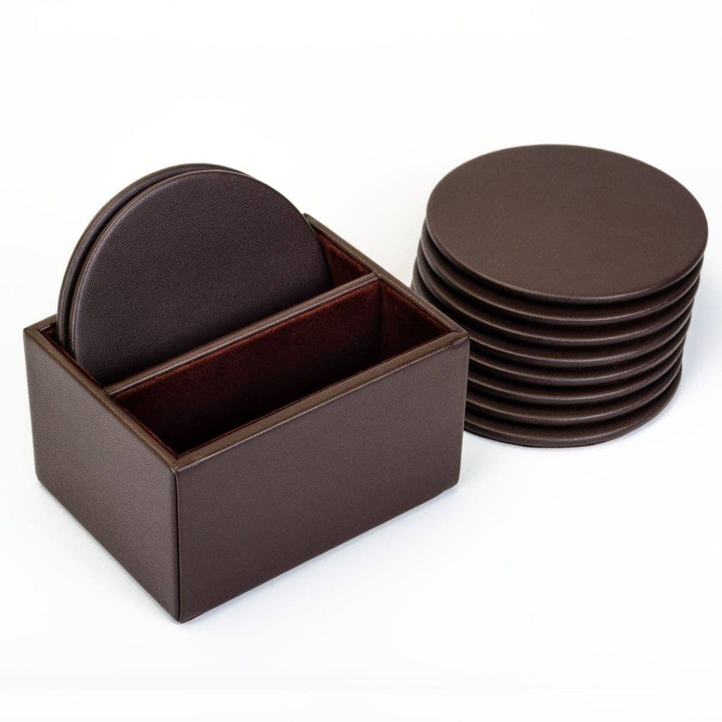 Brown Leatherette 10 Round Coaster Set Q992775