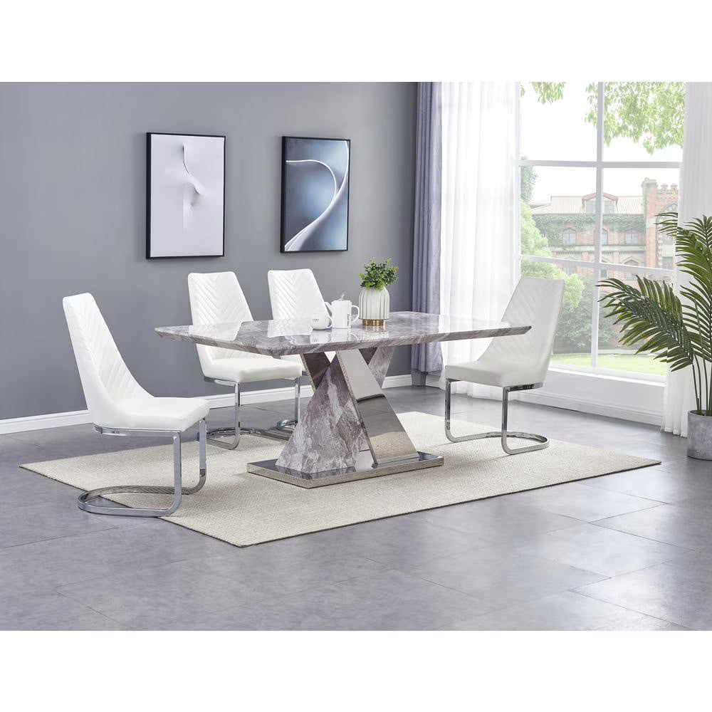 5pc Faux Marble Chrome Chairs White Faux Leather K5332