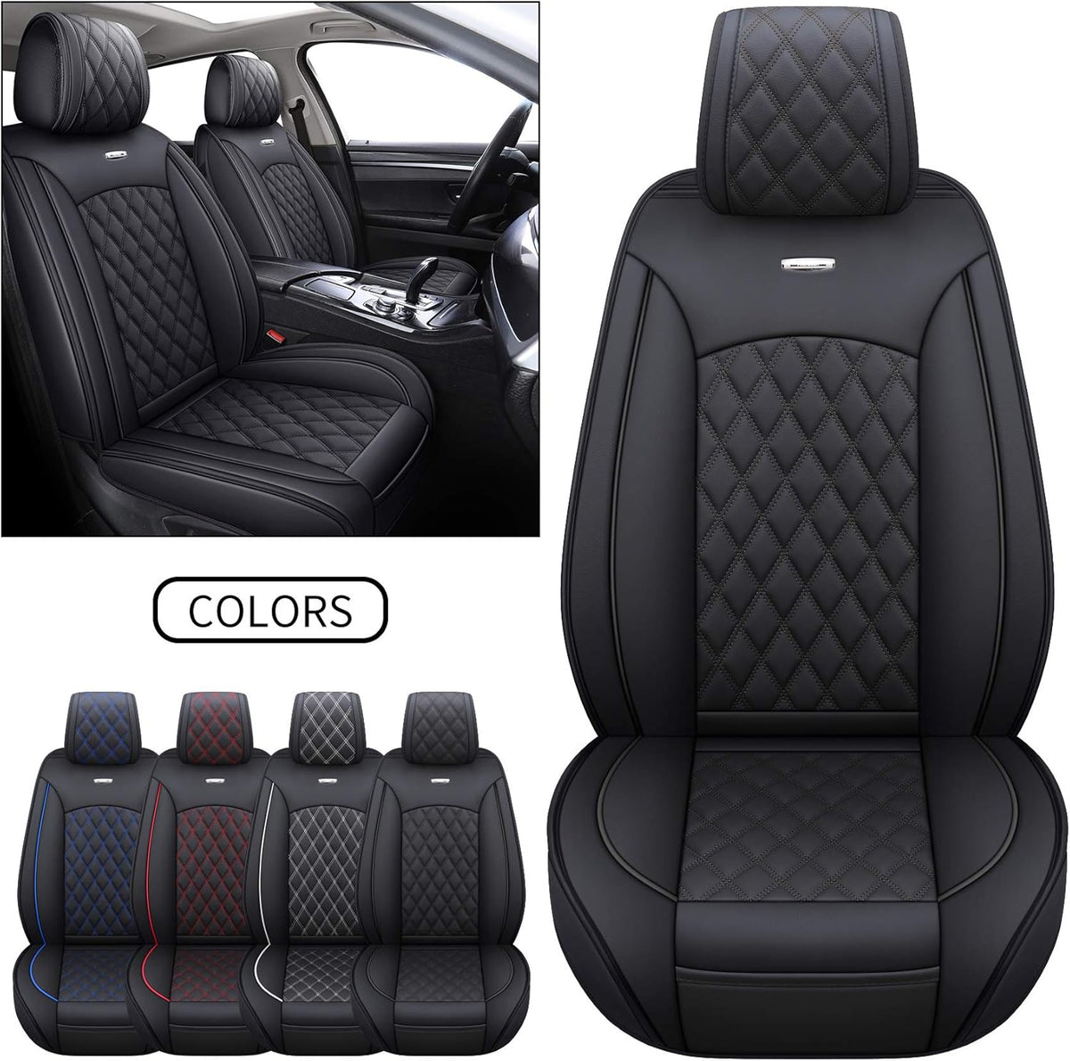 Black-White Waterproof Leather Car Seat Covers Full Set U347