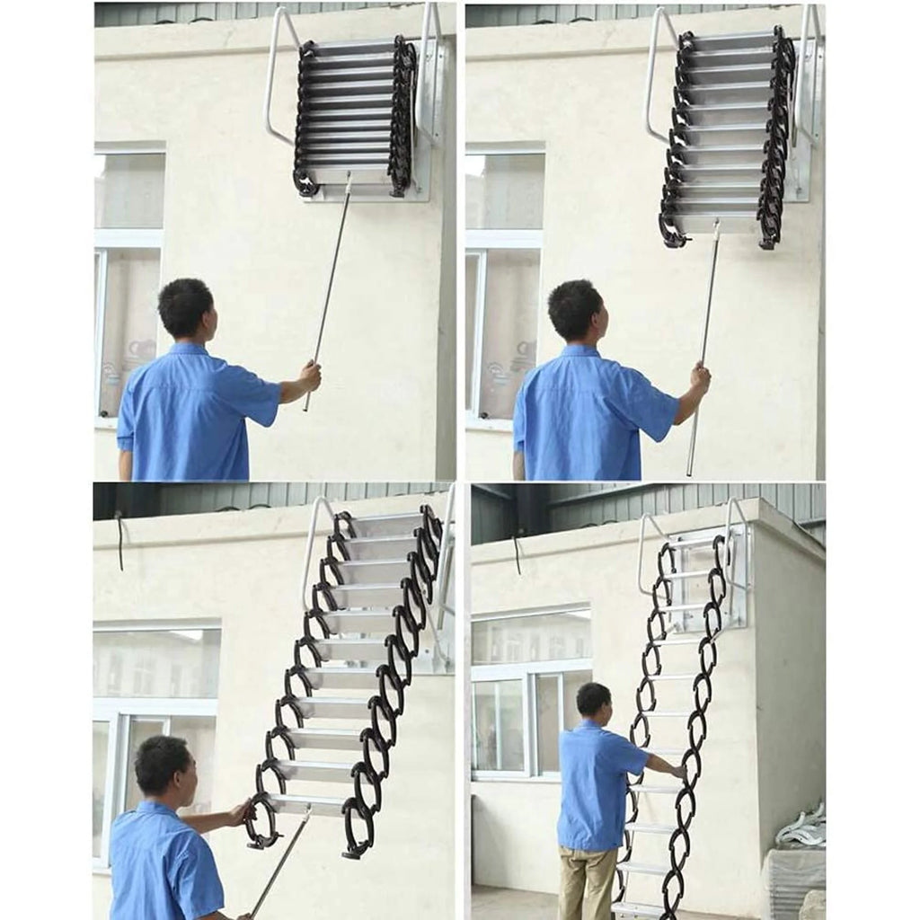 Wall Mounted Attic Loft Ladder Retractable Folding Ceiling Pull Down 9.8ft Height Black Al-Mg Alloy M631150