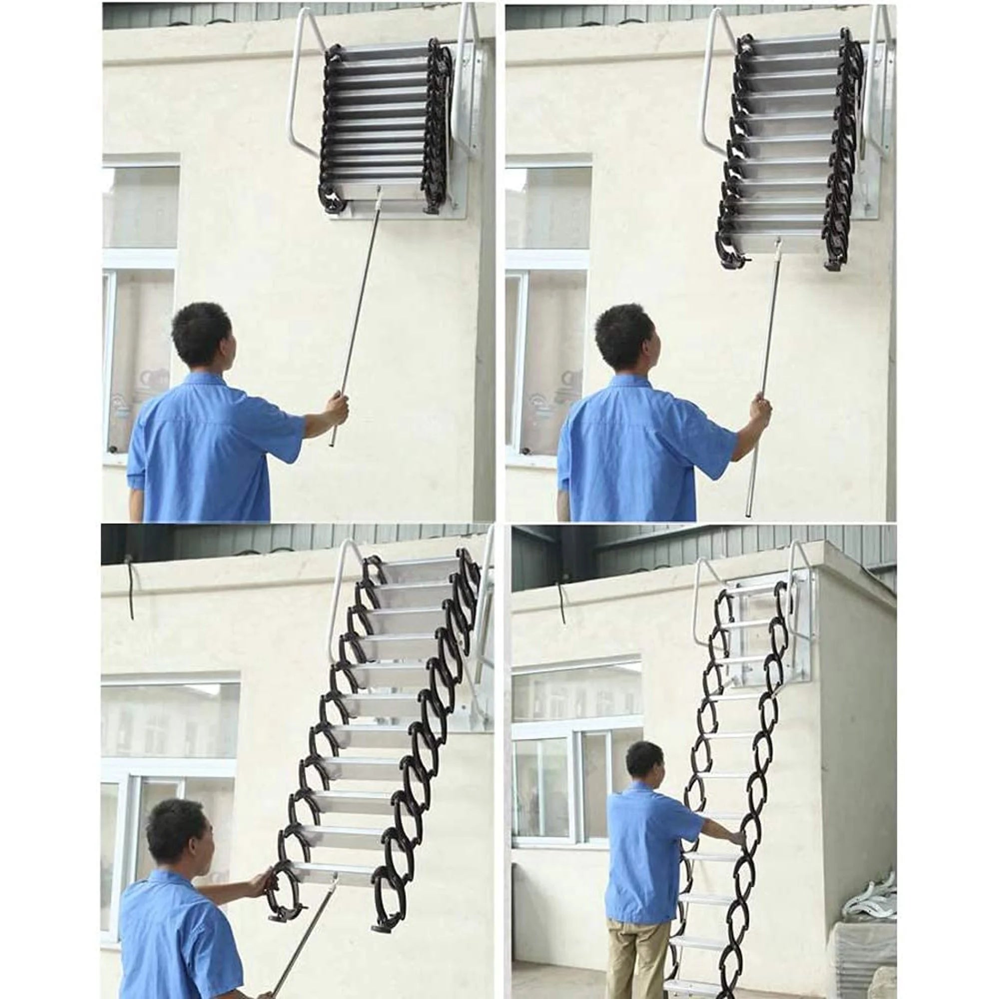 Wall Mounted Attic Loft Ladder Retractable Folding Ceiling Pull Down 9.8ft Height Black Al-Mg Alloy M631150