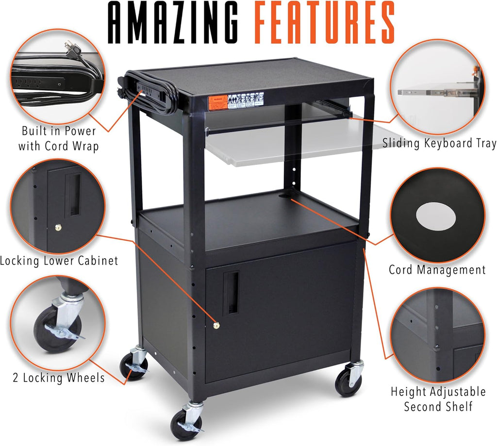 Extra Wide AV Cart with Locking Cabinet and Pullout Keyboard Tray F916