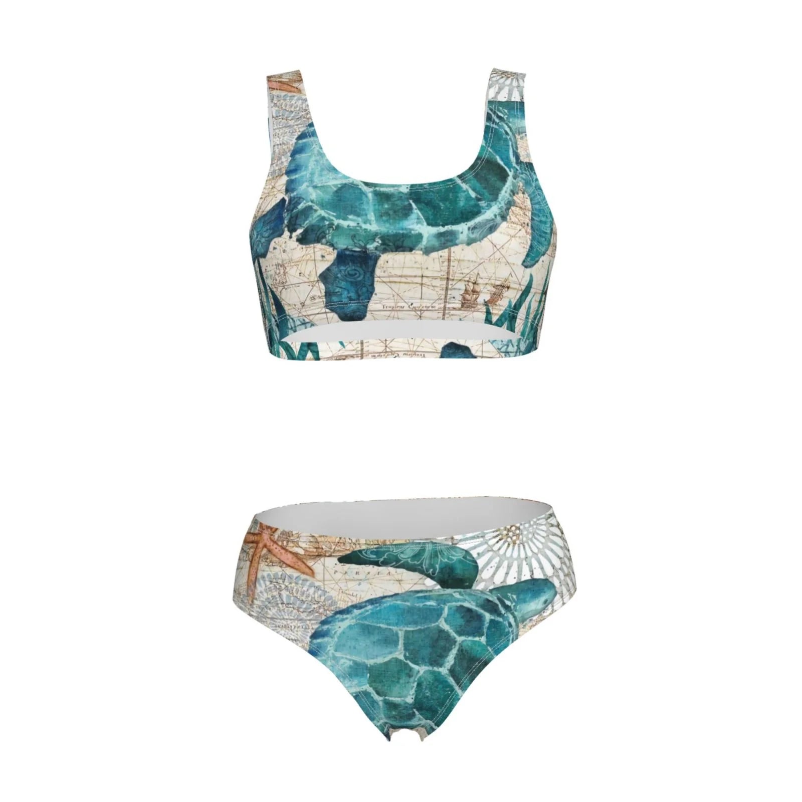 Watercolor Sea Turtle High Waisted Bikini Sets Two Pieces Swimsuits With Removable Soft Chest Pad N499
