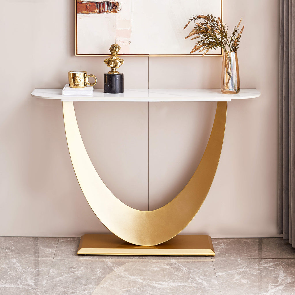 White & Gold Console Table with Marbling Top and Metal Base O5522