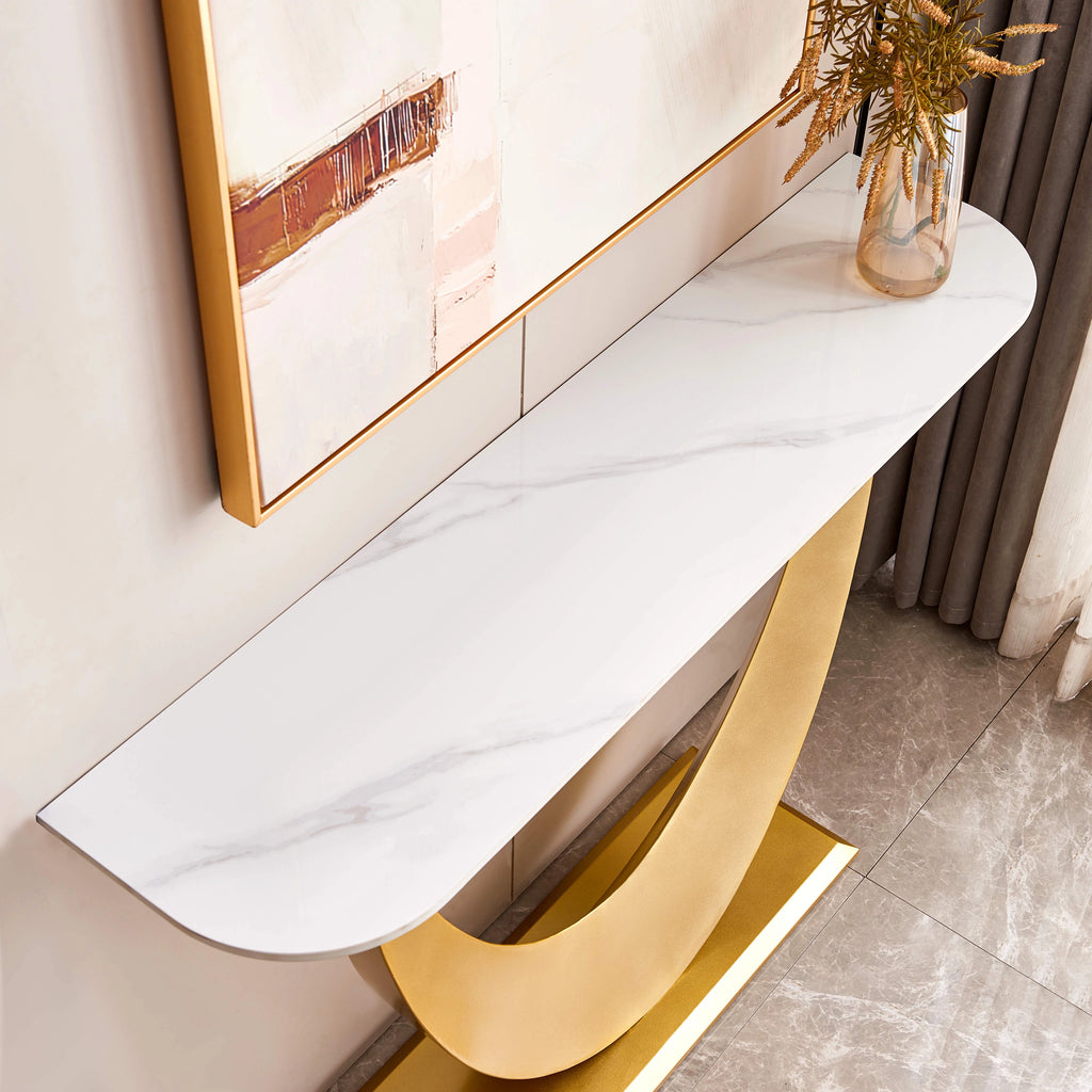 White & Gold Console Table with Marbling Top and Metal Base O5522