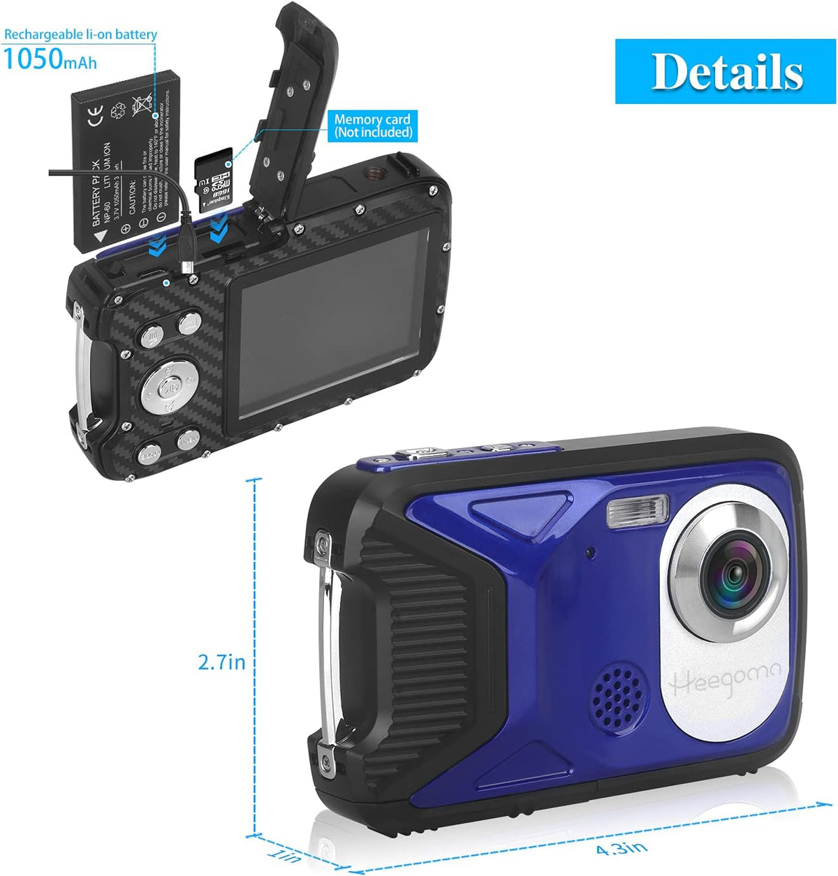 Blue 16MP 1080P Waterproof Digital Camera D1222