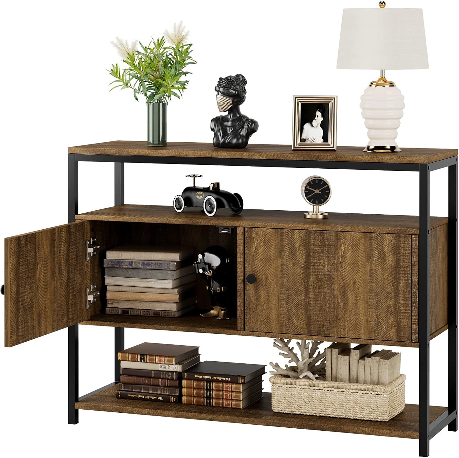 Walnut Brown 3-Tier Console Table with 2 Cabinet Doors S4085