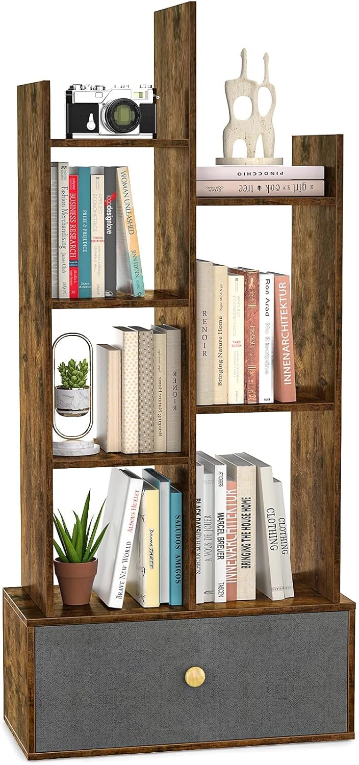Black Industrial Wood Book Shelf with 2 Drawers and 12 Open Bookshelf C358