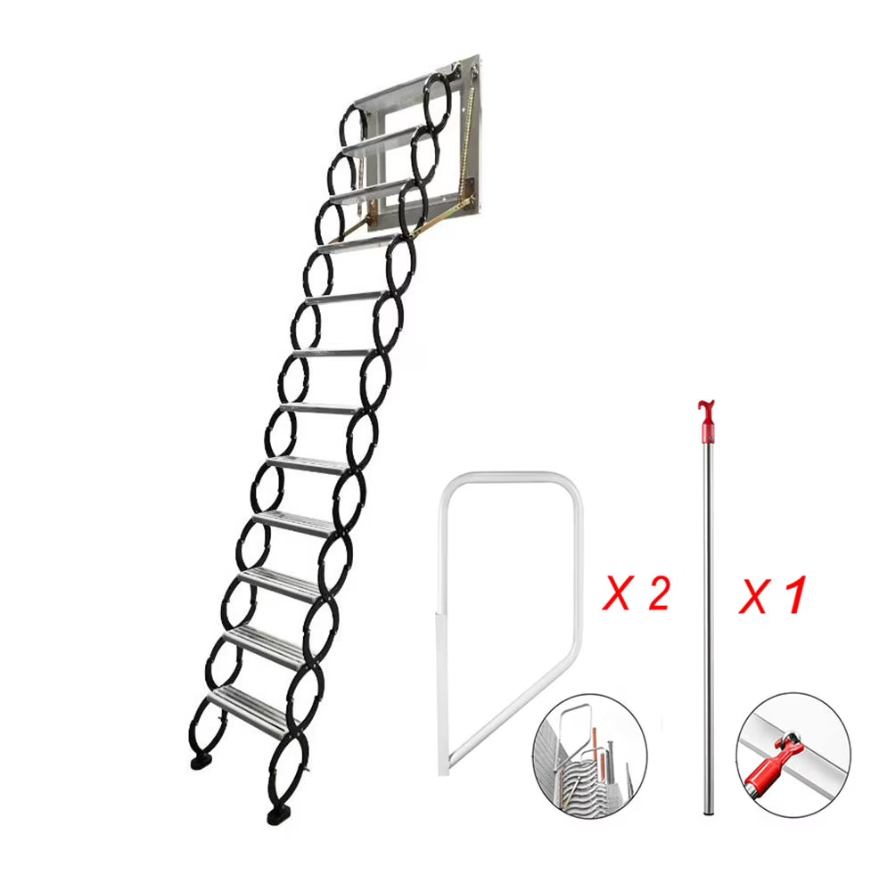 Wall Mounted Attic Loft Ladder Retractable Folding Ceiling Pull Down 9.8ft Height Black Al-Mg Alloy M631150