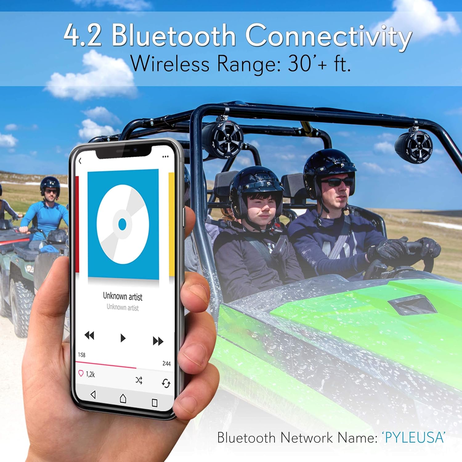 4” Waterproof Bluetooth Speakers with Amplified Speaker System for ATV/UTV, Aux Input, Marine Grade Weatherproof, 12V Vehicles N49094