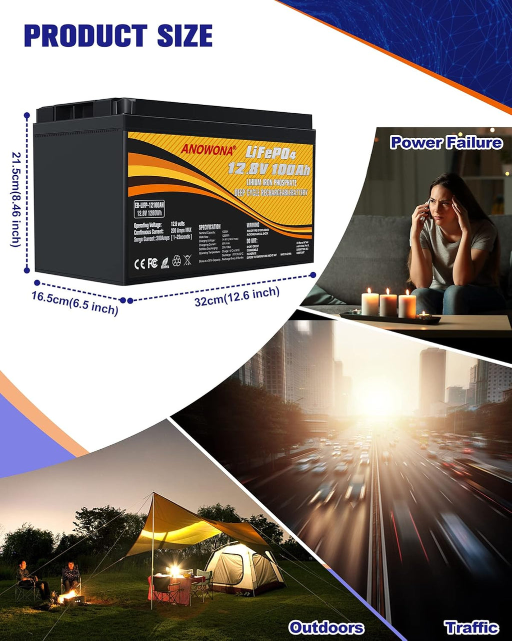 12.8V 100Ah LiFePO4 Deep Cycle Battery with 100A BMS I921