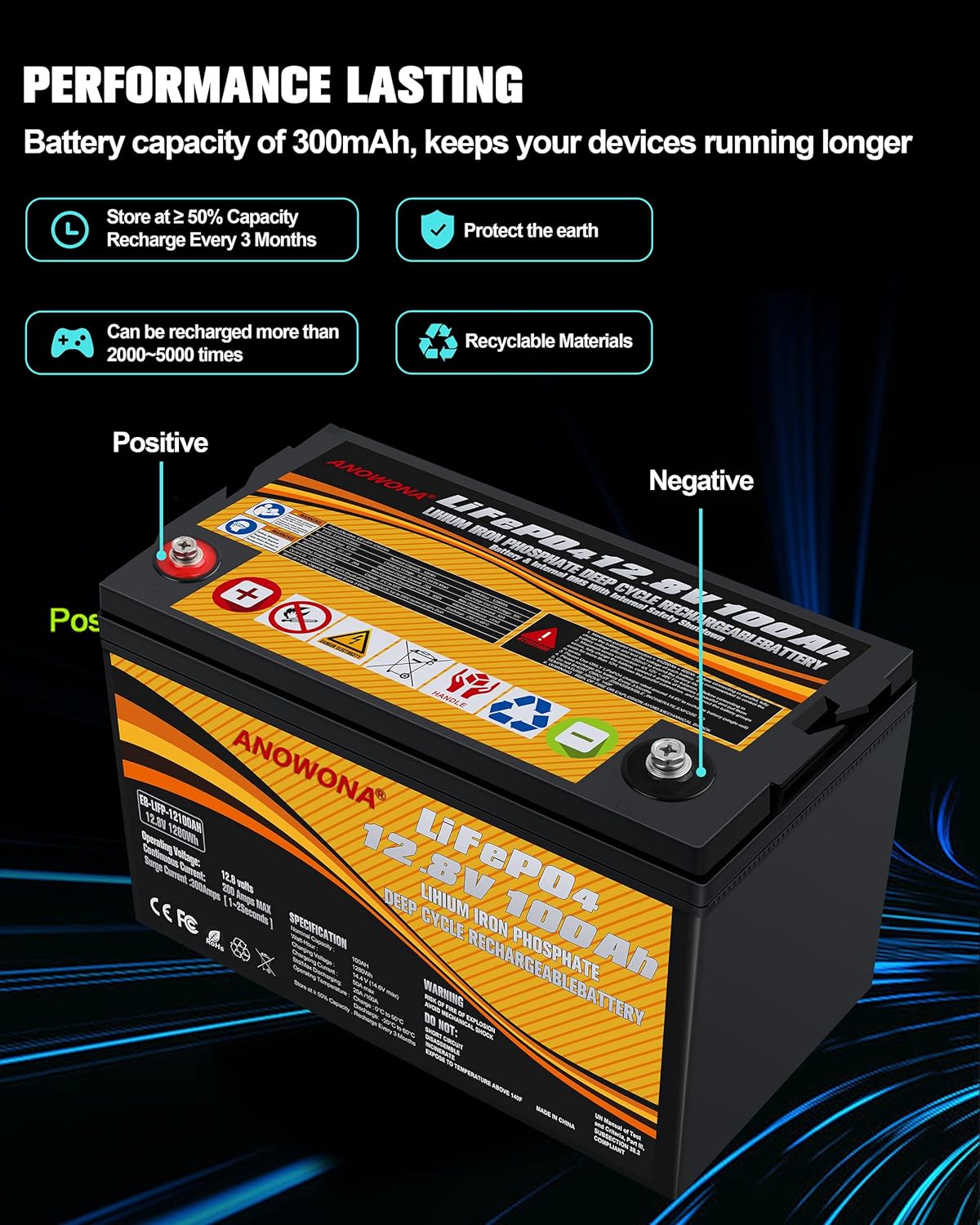 12.8V 100Ah LiFePO4 Deep Cycle Battery with 100A BMS I921
