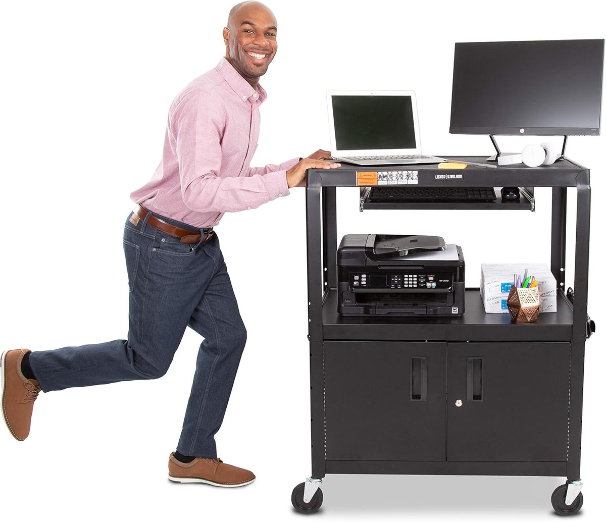 Extra Wide AV Cart with Locking Cabinet and Pullout Keyboard Tray F916