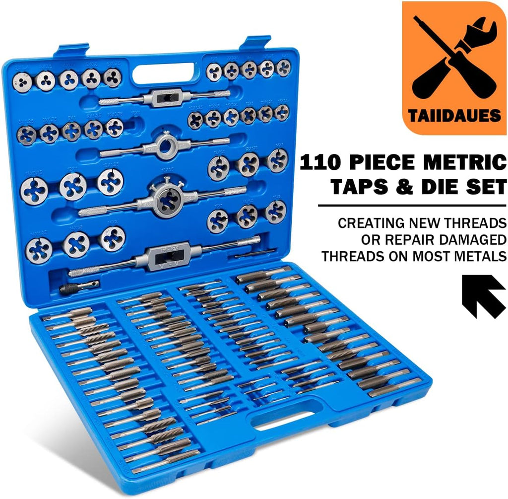 110 Piece Hardened Alloy Steel Metric Tap And Die Threading Tool Set with Storage Case U481523