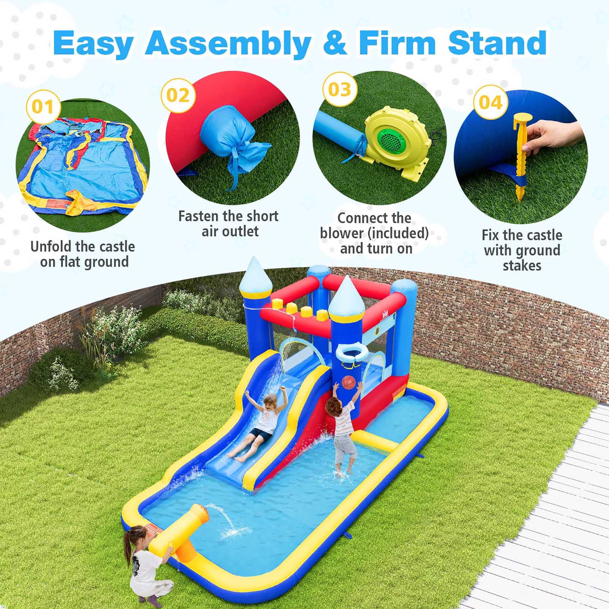 6-in-1 Inflatable Water Castle Bouncer with 50 Ocean Balls & 735W Blower P8537