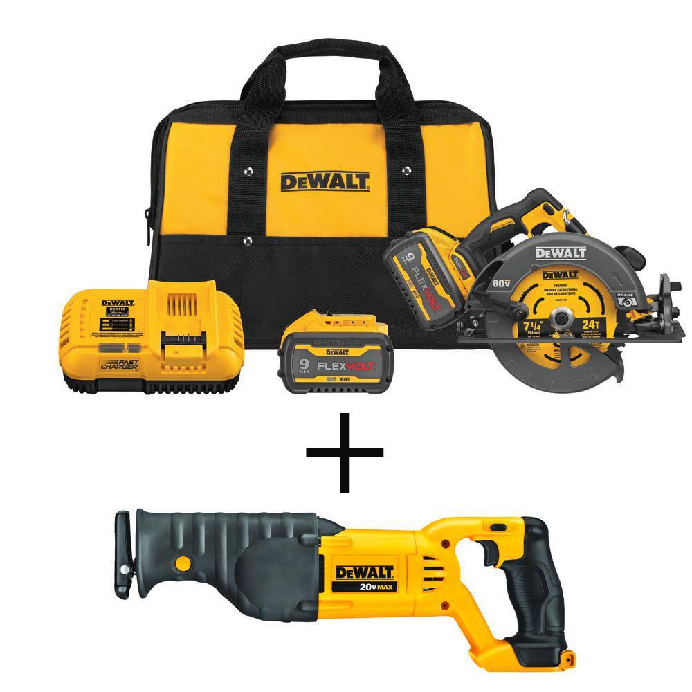 Cordless Brushless 7-1/4 in. Circular Saw with Brake, 2 FLEXVOLT 9.0AH Batteries & Recip Saw I1152