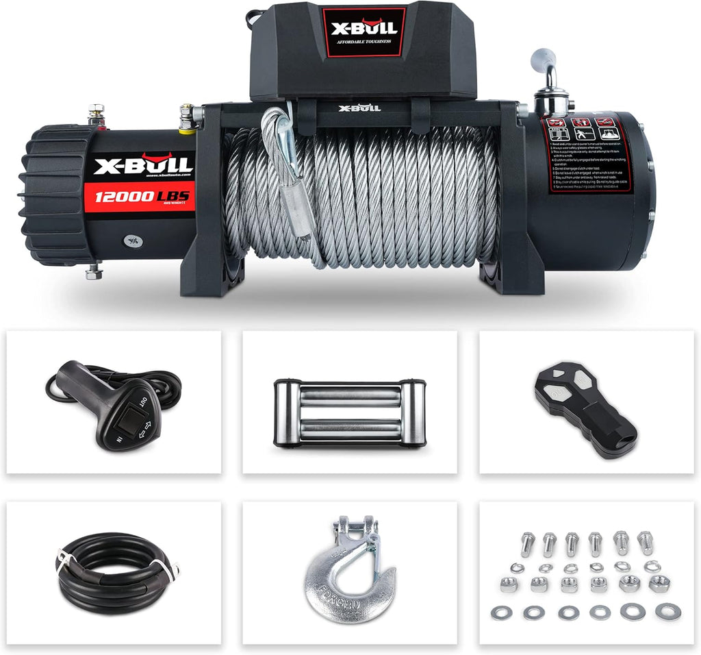12V Stainless Steel Electric Winch Kit, 12000 lb. Load Capacity, Waterproof IP67, Wireless Handheld Remotes and Corded Control, Hawse Fairlead, Grey Q82935