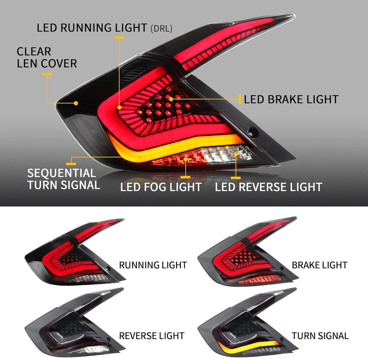 LED Clear Taillights Assembly for 2016-2020 Honda Civic Sedan, Set Z78549