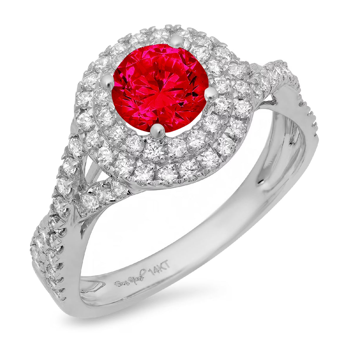 1.3ct Round Cut Red Simulated Ruby 14k White Gold Halo Ring Size 10.5 Q342