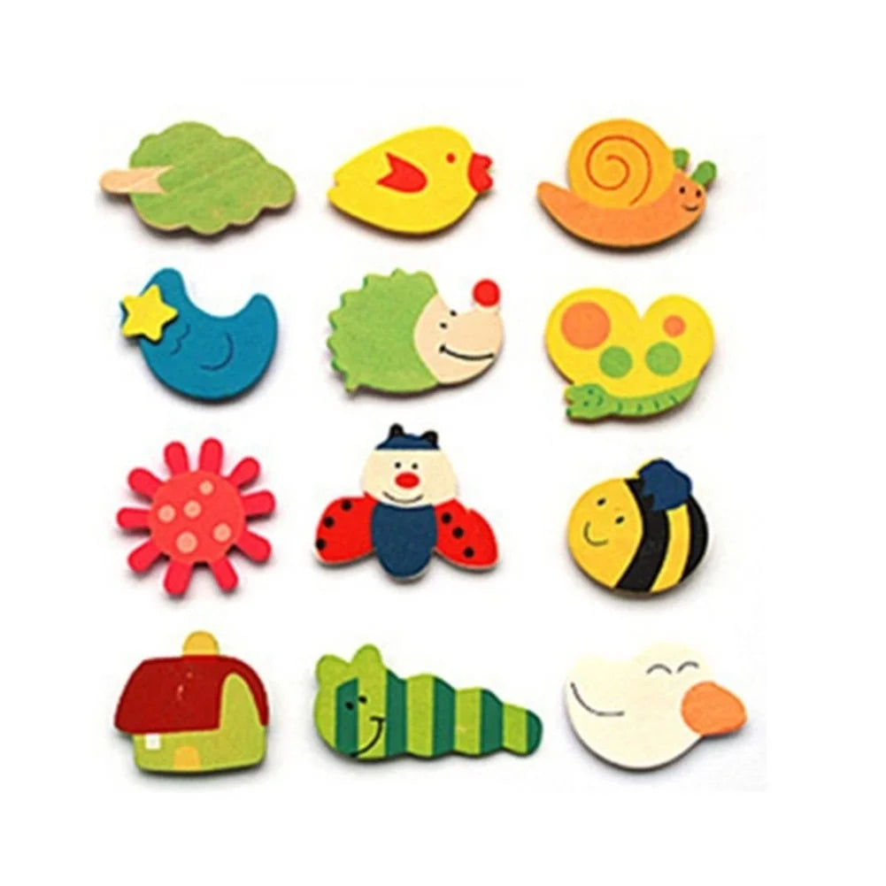 12Pcs/Set Wooden Cartoon Fridge Magnet Educational Toys S3197