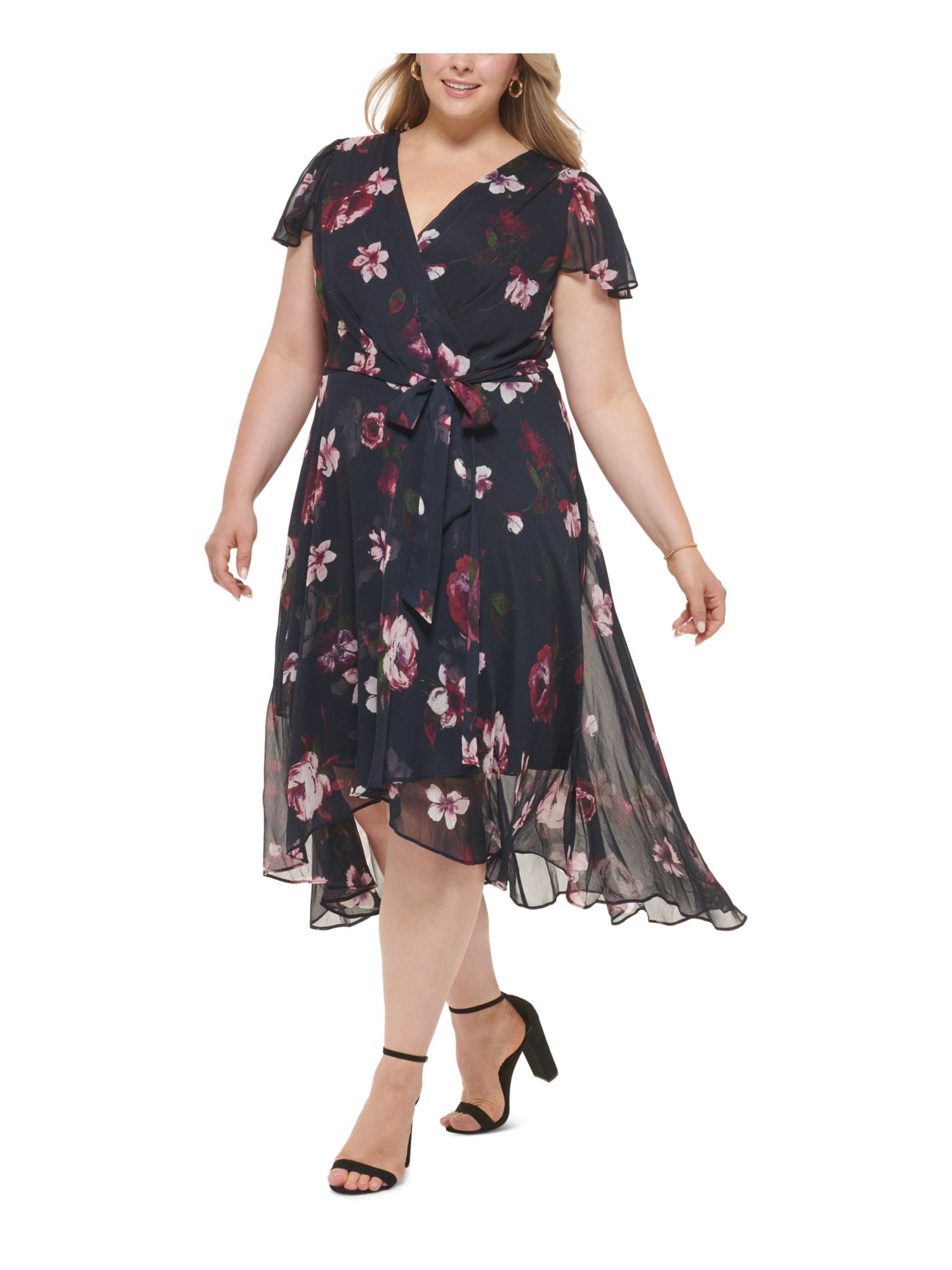 Navy Floral Short Sleeve Surplice Neckline Shift Dress Plus 20W D34523