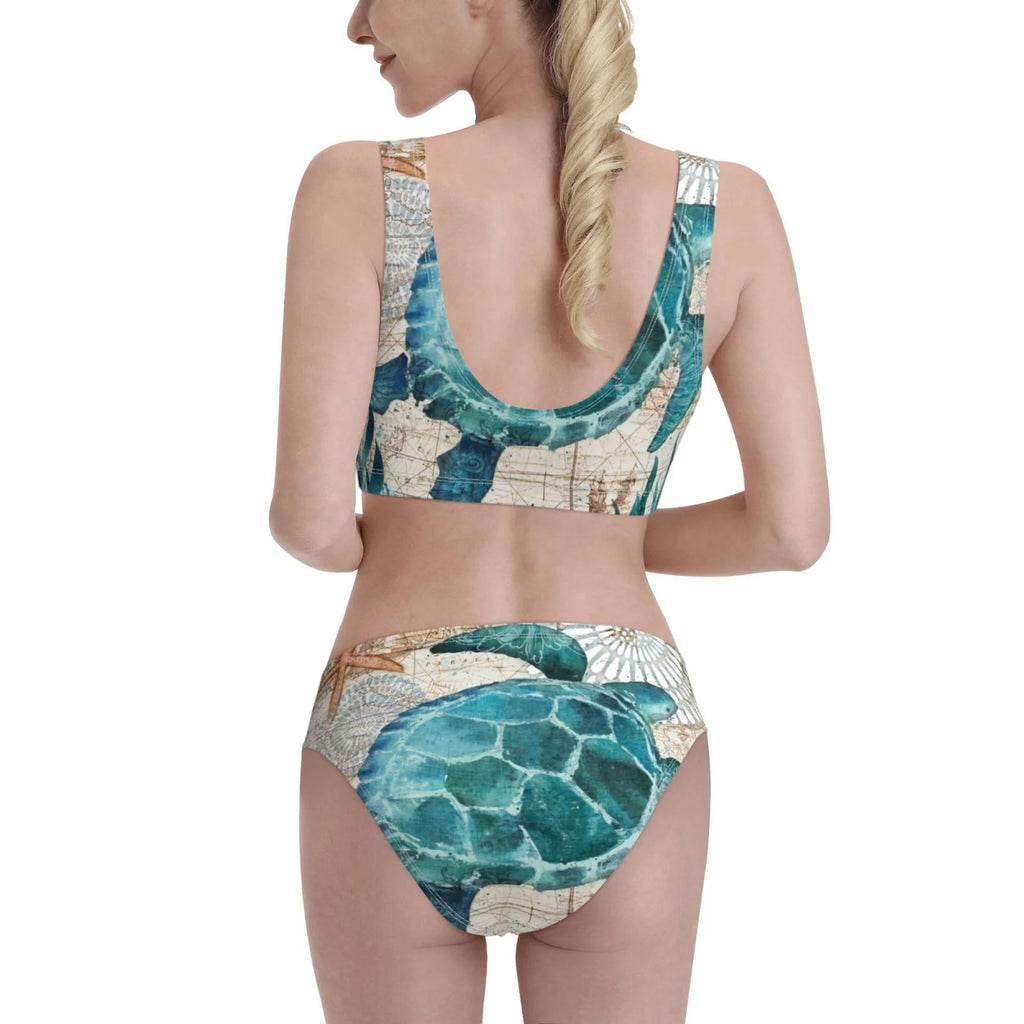 Watercolor Sea Turtle High Waisted Bikini Sets Two Pieces Swimsuits With Removable Soft Chest Pad N499
